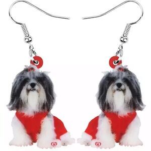 Shih Tzu Christmas Earrings Red Dog Santa Gift